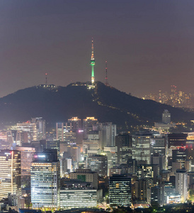 首尔城市景观与韩国首尔塔的空中日落和夜景