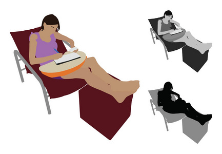 一个在座位上学习的年轻女子的写实平面彩色插图