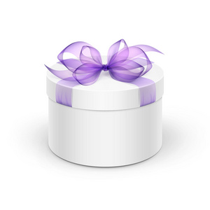 带着弓孤立和淡紫色的紫色薰衣草丝带白色圆形礼品盒