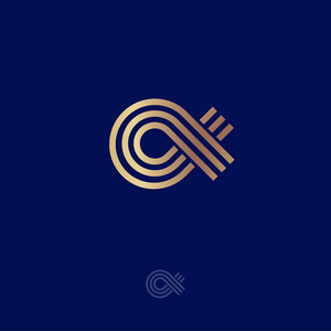 阿尔法会徽.希腊字母 alpha, 由金线组成, 在深蓝色背景下被隔离照片