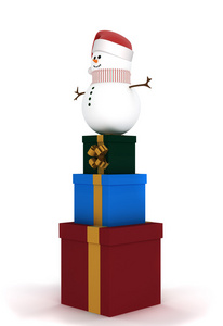 圣诞冬季销售。雪人圣诞老人帽子站在礼品盒一套