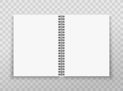 逼真的笔记本样机。带有金属银色螺旋的抄写本。空白模拟与阴影。矢量插图