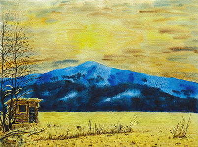 冬天山风景。一个积雪覆盖的田野, 里面有树和山。在前台站着牧羊人的小屋。日落, 多云。纸上水彩画