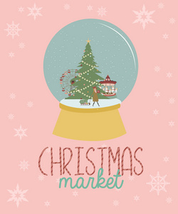 可爱圣诞贺卡与冬季风景, 圣诞市场在一个玻璃碗。可编辑的矢量插图