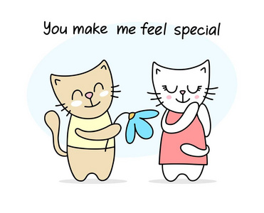 可爱的猫把花送给他的女朋友。情人节快乐爱情矢量插画卡