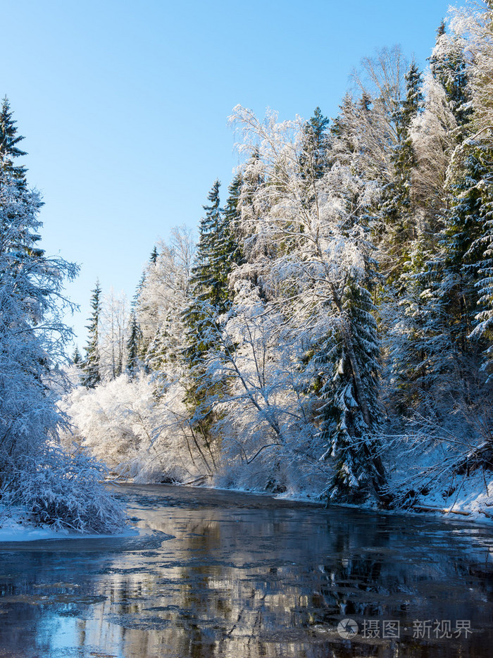 雪覆盖的冬天河风景与积雪的树