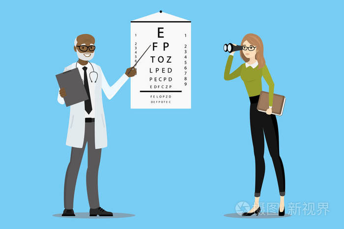 男性医生眼科检查视力, 患者用眼镜看通过望远镜, 卡通矢量插图