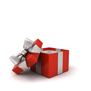 打开红色礼品盒或空白礼物盒与银色丝带弓查出在白色背景与阴影3d 渲染
