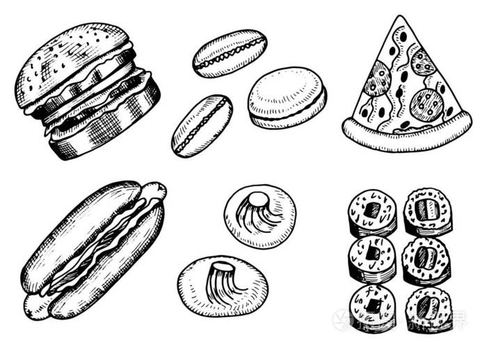 食品甜点和快餐图标设置。独立的对象