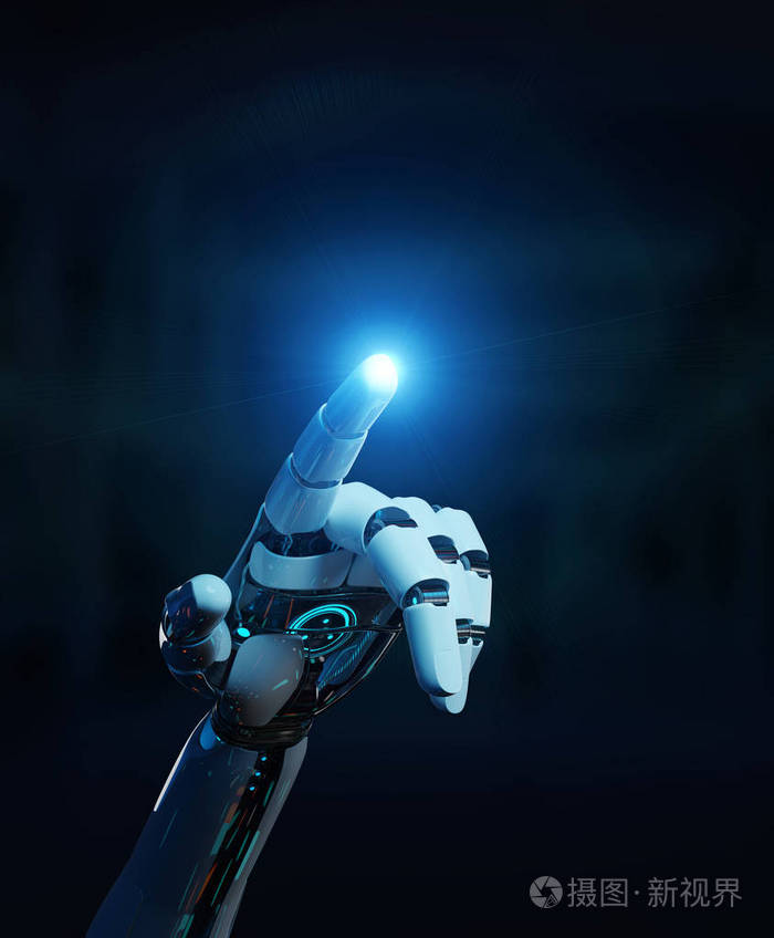 白色的机器人指着他的手指被孤立在黑暗背景3d渲染