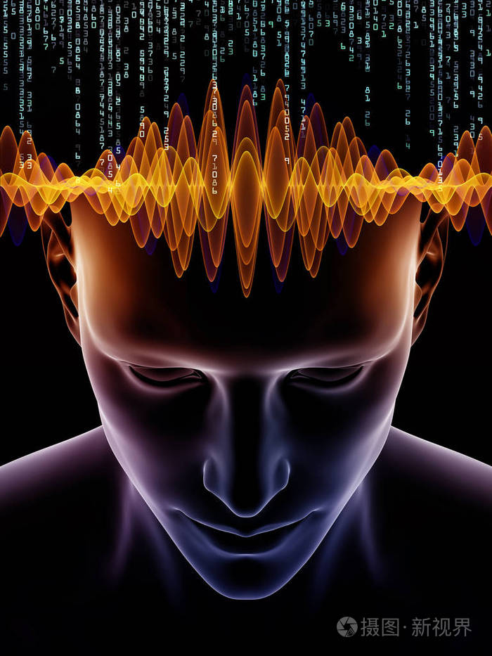 心波系列。设计的3d 插图的人头部和技术符号, 以作为背景的项目与意识, 大脑, 智力和人工智能