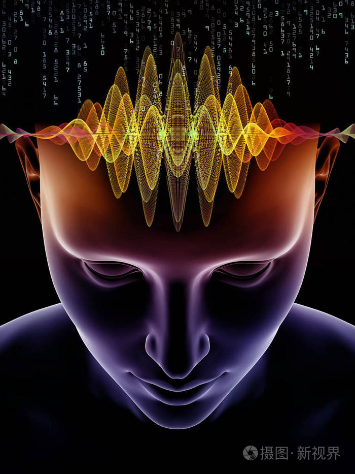 心波系列。3d 人的头部和技术符号插图的背景, 以补充你的设计, 在意识, 大脑, 智力和人工智能的主题