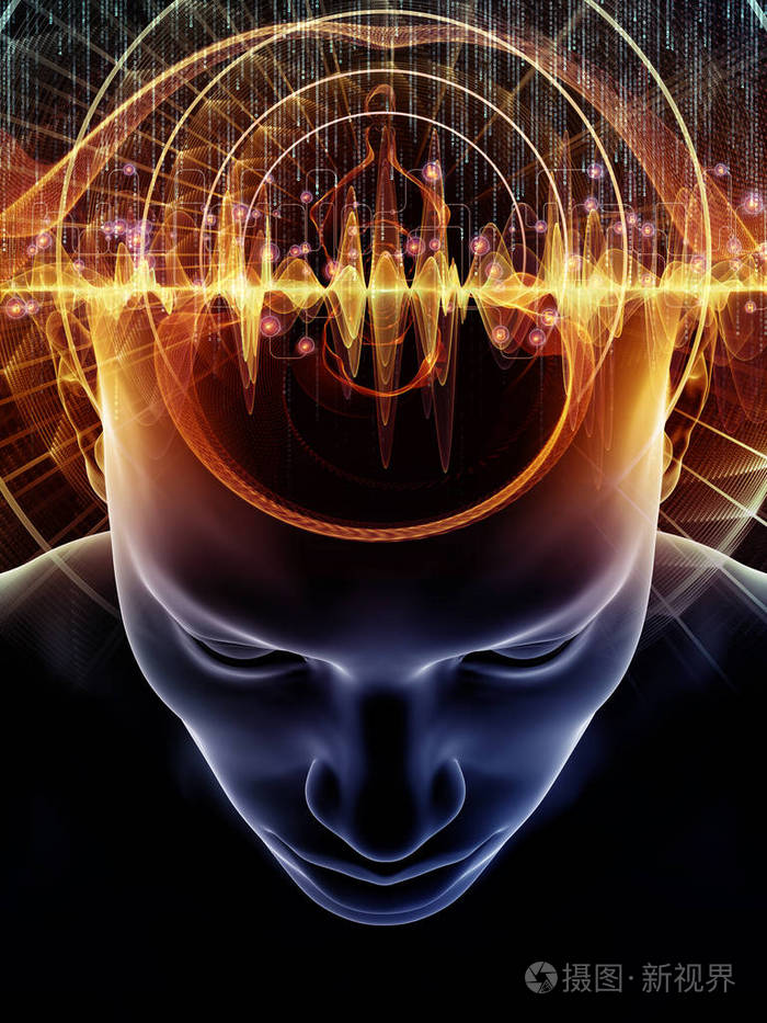 3d 人的头部和技术符号插图的背景, 以补充你的设计, 在意识, 大脑