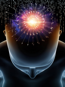 心波系列。3d 人类头部图示图与意识大脑智力和人工智能学科的技术符号