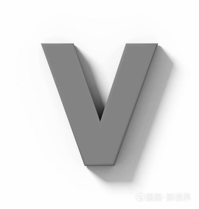 在白色上用阴影正交投影3d 渲染的字母 V 3d 中灰色隔离