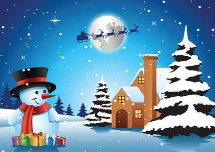 雪人站在寂寞的房子前圣诞夜和圣诞老人飞去送礼物给大家, 向量例证