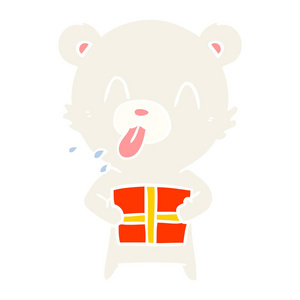 粗鲁的扁平色风格卡通北极熊伸出舌头与目前