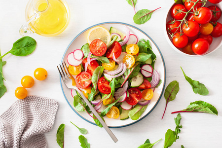 健康多彩的纯素食番茄沙拉配黄瓜, 萝卜, 洋葱