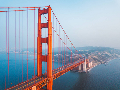 旧金山金门大桥鸟瞰图。美丽特写镜头