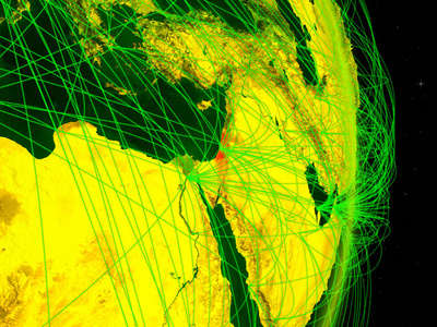以色列在数字地球与网络。连接旅行和通信的概念。3d 插图。美国宇航局提供的这张图片的元素