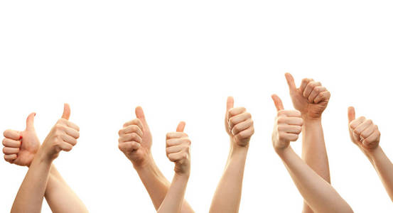 双手和大拇指在白色背景前被隔离.成功和达成目标的概念照片