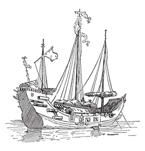 本插图代表中国商船, 复古线画或雕刻插图照片