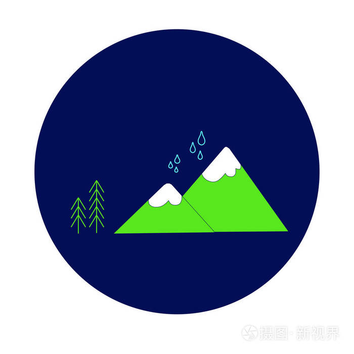 自然概念平圆的图标与样式化的蓝色水下落, 绿色冷杉树, 山在深蓝股票