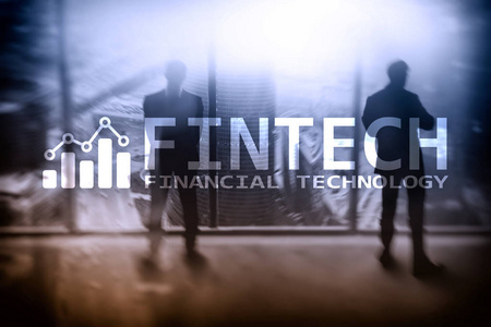 Fintech金融技术, 全球商务和信息互联网通信技术。摩天大楼背景。高新技术企业理念