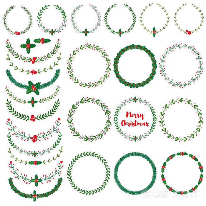 集新年, 圣诞涂鸦手画花圈框架, 境.已使用的画笔包括在内.向量例证