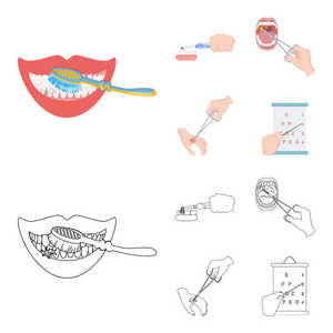 牙科护理, 伤口处理和其他网页图标的卡通, 轮廓风格. 口腔治疗, 视力测试图标集合收藏