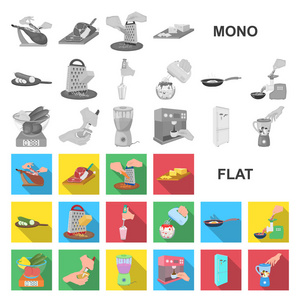 烹饪食品平面图标集合中的设计。厨房设备和工具矢量符号库存 web 插图