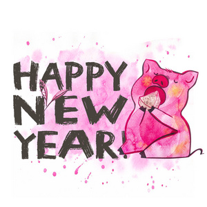 可爱的猪与创意2019新年刻字。中国日历中的年份符号。明信片水彩插图