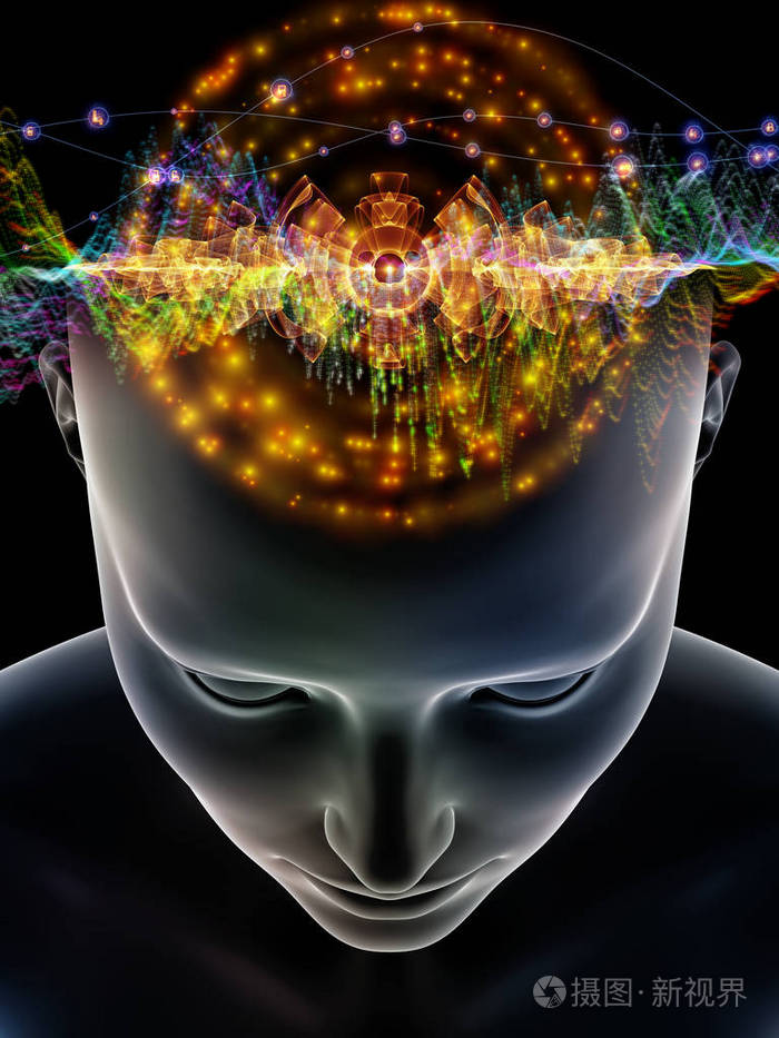 3d 人类头部和技术符号在意识,大脑,智力和人工智能主题上的背景图