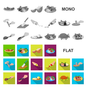 烹饪食品平面图标集合中的设计。厨房设备和工具矢量符号库存 web 插图