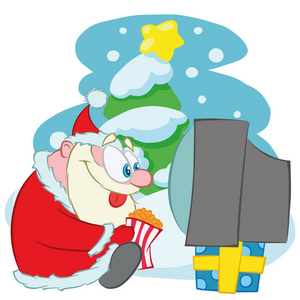 圣诞老人可爱的圣诞节角色。圣卡卢斯正在看电视和吃爆米花