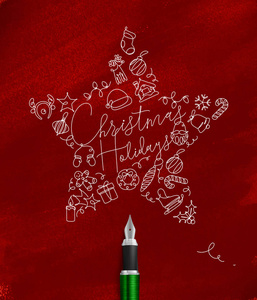 圣诞树玩具明星刻字节日在红色背景下绘制钢笔线