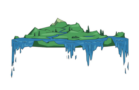 梦幻瀑布大浮岛与瀑布, 梦幻平坦的地球概念.扁线矢量图.