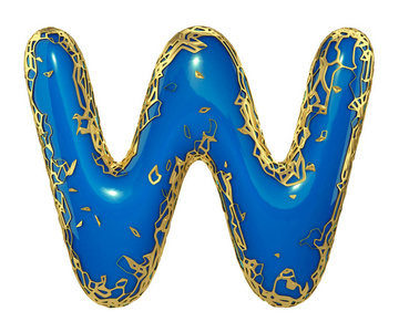 金色闪亮的金属3d 与蓝色油漆符号大写字母 w 大写的白色隔离.