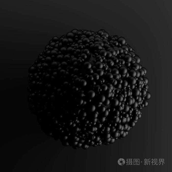 抽象黑色3d粒子与许多黑色球体在黑色背景3d插图