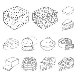 不同种类的奶酪轮廓图标集合中的设计. 牛奶产品奶酪矢量符号股票网页插图