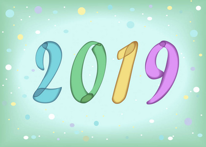 新年五颜六色的数字2019年与绘画效果.绿色背景与五颜六色的五彩纸屑.