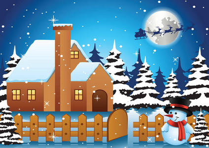 圣诞节国庆节大家雪人站在寂寞的房子前圣诞夜和圣诞老人飞去送礼物给