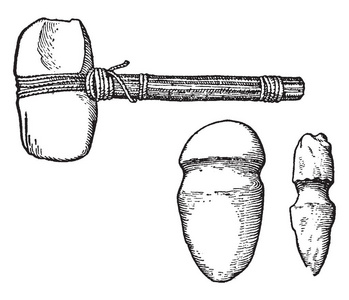 本插图代表新石器时代的实施石槌, 复古线画或雕刻插图