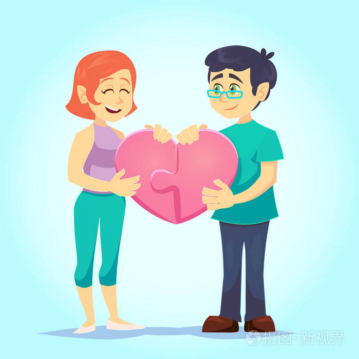 微笑的年轻人和女人亲切地放在一起心形拼图情侣相爱圣情人节的人物