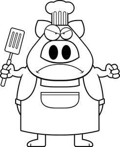 一个看着愤怒的猪厨师的卡通插图