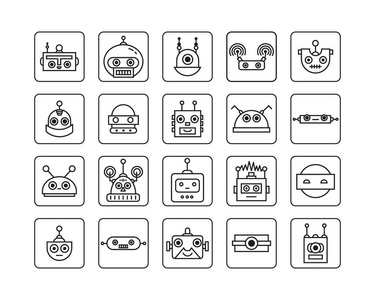 矢量集机器人字符图标线条样式。平面机器人