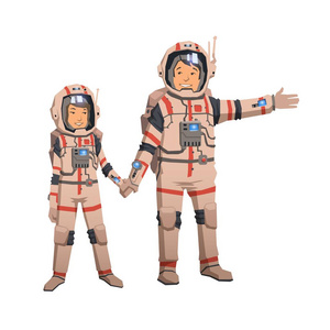 太空中的男人和女人握着手。宇航员夫妇, 一家人太空旅行。平面矢量图。在白色背景上被隔离