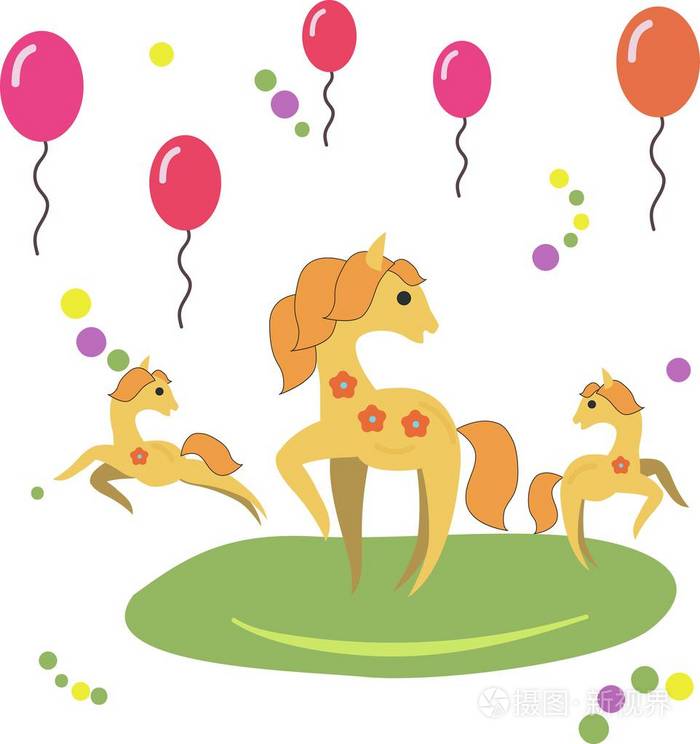 可爱的马母亲的喜悦童年的节日母亲气球五彩纸屑