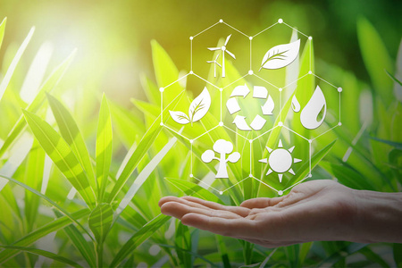 手持与环境图标在网络连接上的自然背景, 技术生态学概念摄影图
