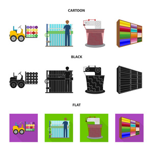 设备机器叉车等网络图标在卡通黑色扁平式。纺织, 工业, 组织, 图标集合收藏
